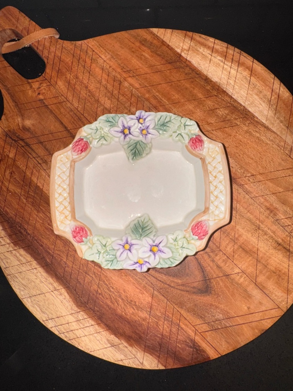 Fitz and Floyd Hand-Painted Floral Ceramic Tray in White, Pink, Purple, Green